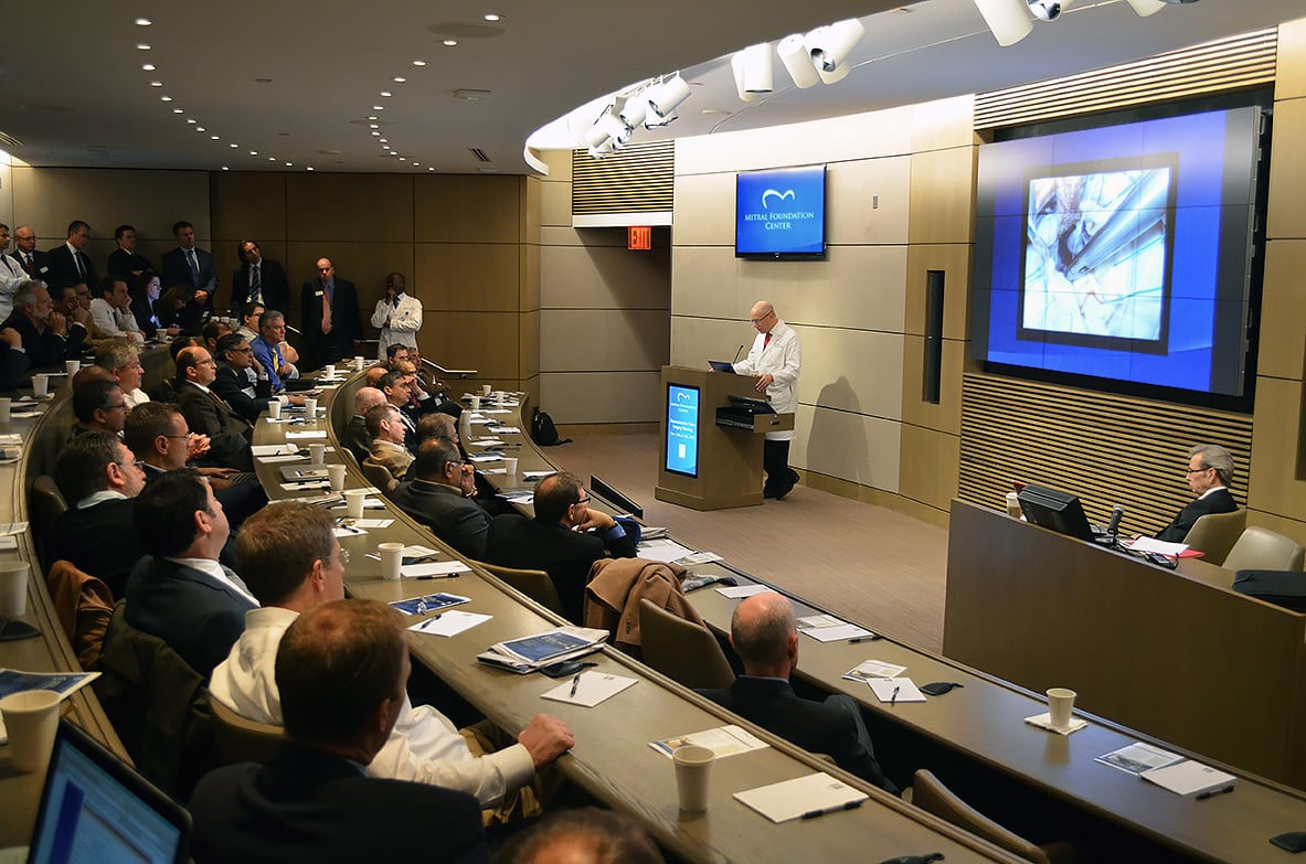 A surgical education workshop at the Mitral Foundation, a Mount Sinai institution that hosts the world’s largest video teaching library of mitral valve repair procedures, with videos available to surgeons around the globe.